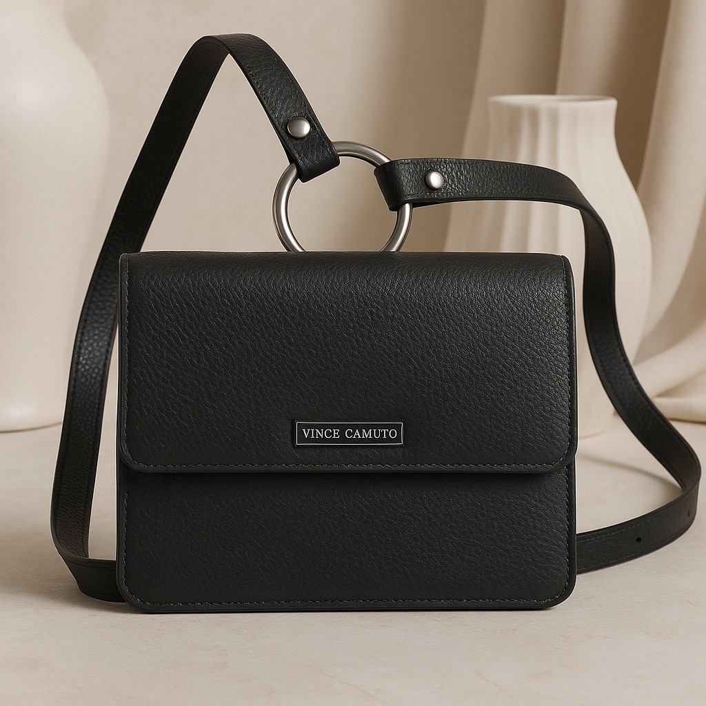 Vince Camuto Black Pebbled Leather Ring Accent Crossbody Bag Minimalist Purse
